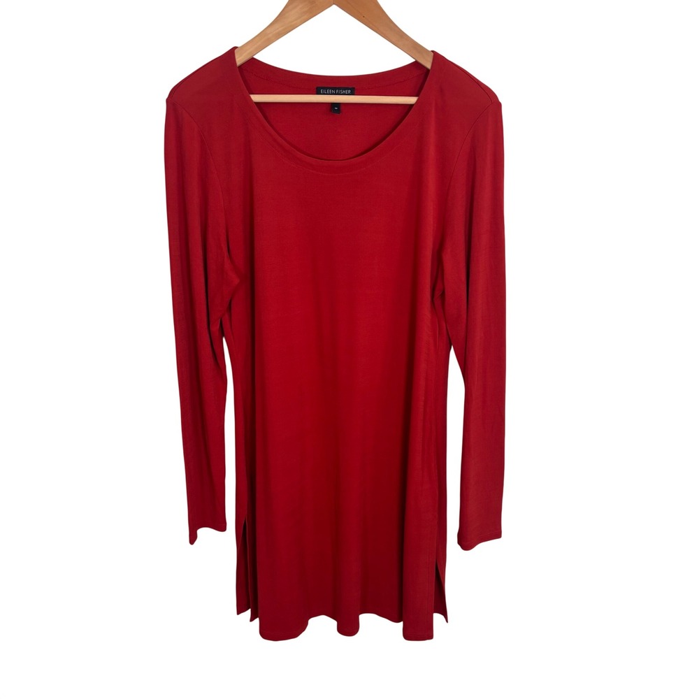 Eileen Fisher Womens Tunic Top Sz M Burnt Orange Silk Long Sleeve Scoop Neck